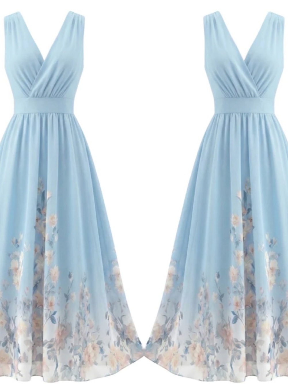 1940s Unique Vintage Powder Blue Floral V-Neck Maxi Dress